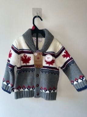 Canadiana  Canadian Sweater Cardigan Sz 12/18M Red Maple Motif  Grey, White, Red